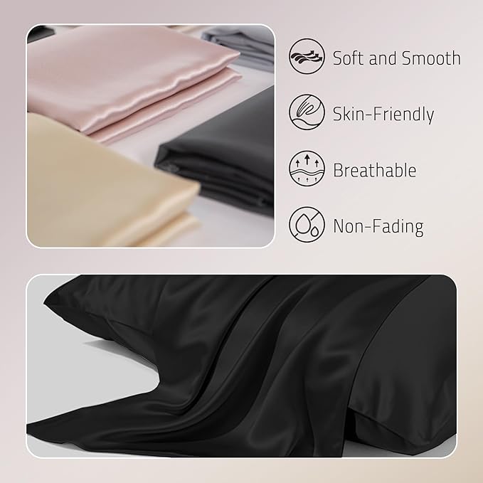 Mulberry Silk Pillow Cases Set of 2, Both Sides Real Silk Pillowcase for Hair and Skin Prevent Acne Pillowcase Organic Silk Pillowcase 2 Pack with Hidden Zipper, Black, Standard (20"×26")