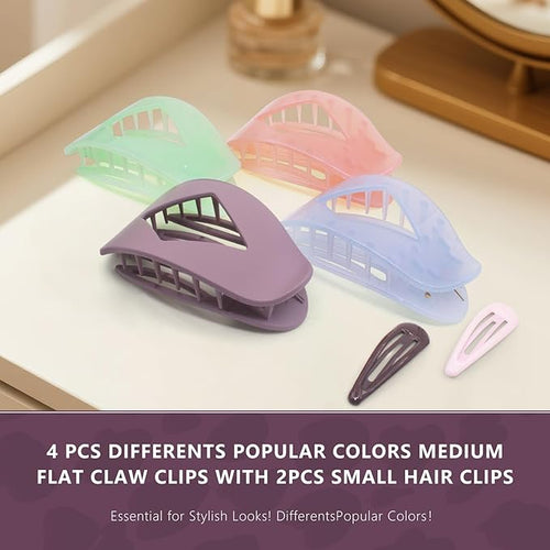 4 PCS Flat Hair Clips - Round Flat Claw Clips for Women and Girls - Strong Hold Grip French Hair Clips for Thick Thin Hair - Stylish Medium Classic Accessories Hair Barrettes (4PCS-Color-3)