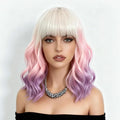 NOBLE Colourful Short Bob Wigs with Bangs for Women 3 Tone Ombre Pink root to Purple Color Short Wavy Bob Hair Wig Shoulder Length Synthetic Heat Resistant Bob Wigs