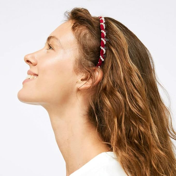 Vintage High Cranium Artificial Pearl Hairband, New Elegant Braided Pearls Headbands with Teeth for Women, Anti-slip Decorative Hair Bands Fashion Hair Accessories Gifts (Brown+Burgundy, One Size)
