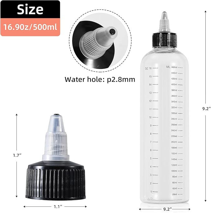 driew Applicator Bottles for Hair, 16.9oz Hair Squeeze Bottle for liquids Twist-On Top Tip Cap with Ratio Graduated Scale Color Applicator Bottle Dye Pack of 2 (16.9oz)