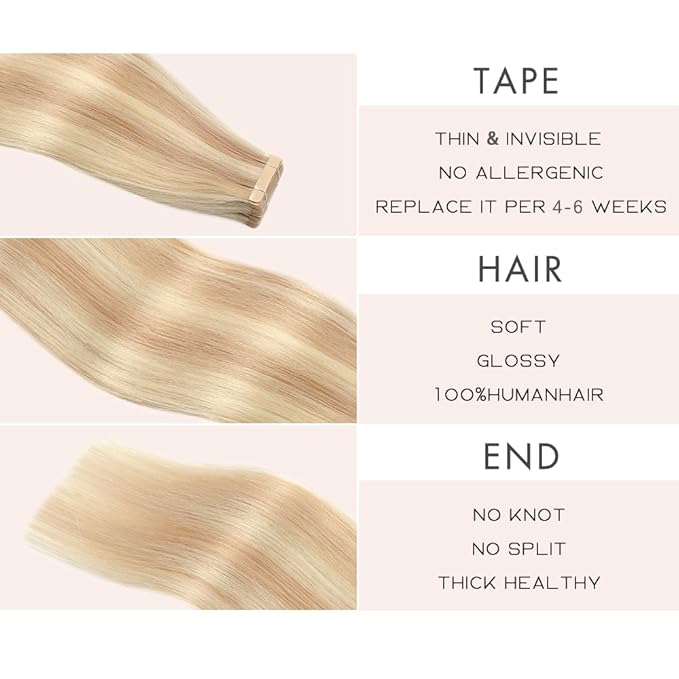 Human Hair Tape in Extensions Ash Blonde Highlighted Bleach Blonde 20 Inch 20pcs Seamless Straight Double Sided Remy Invisible Tape in Hair Extensions Human Hair (P18K/60#,20 Inch)