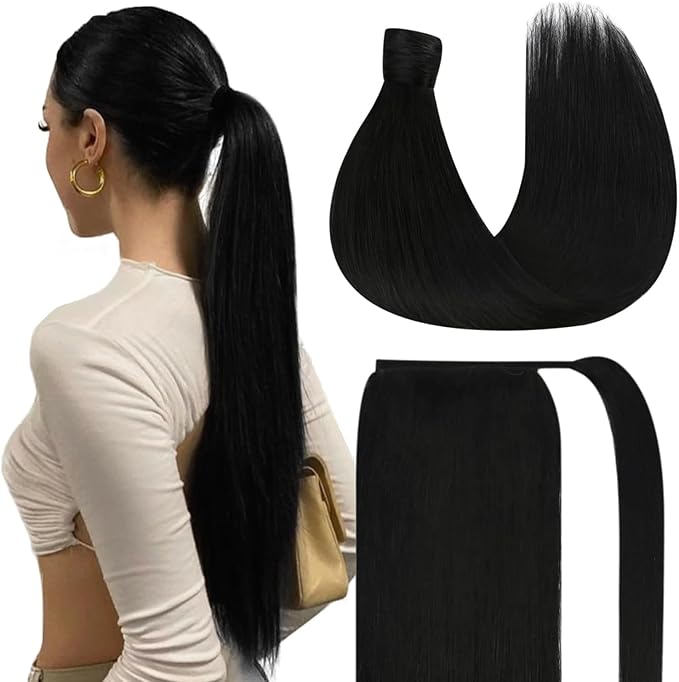 Ve Sunny Hair Extensions Ponytail Real Human Hair Wrap Around Clip in Ponytail Hair Extensions Straight Extensions Human Hair for Women Jet Black 18inch 80G