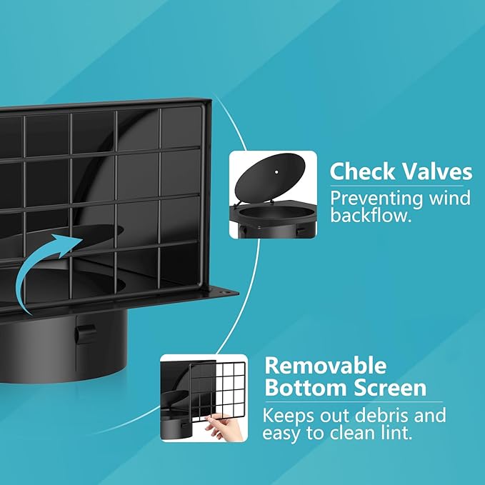 8 Inch Wall Vent Cover, HG Power Metal Exhaust Vent Cap Outside with Removable Screen & Cushioned Non-Return Flap for Home Wall, Kitchen(Blcak)