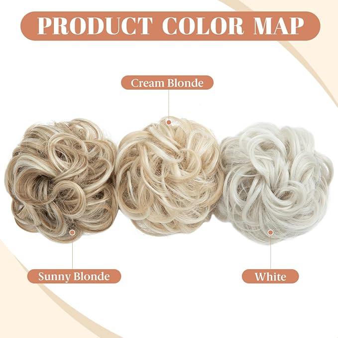 CJL HAIR 2PCS Messy Bun Hair Pieces Wavy Curly Synthetic Updo Chignon Fake Scrunchies Ponytail Extension for Women Cream Blonde