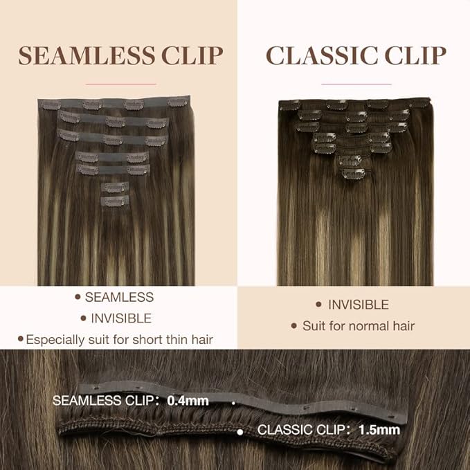 GOO GOO Clip in Hair Extensions Real Human Hair, Remy Human Hair Extensions Clip ins for Women, Natural Human Hair, 18inch 110g 7Pcs, 4/26/4 Balayage Chocolate Brown to Honey Blonde