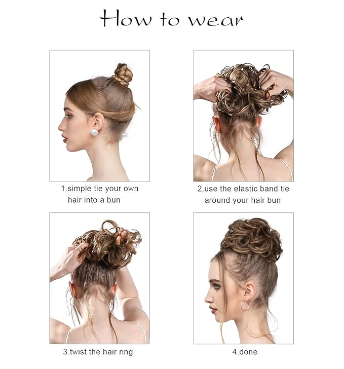 SARLA 2PCS Messy Hair Bun Hair Pieces Wavy Curly Synthetic Updo Fake Scrunchies Ponytail Extension for Women Dark Brown