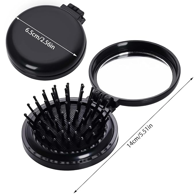 2pcs Folding Travel Mirror Hair Brushes Round Mirror Pocket Hair Brush Portable Mini Pop Up Hair Brushes for Women Girls Wet and Dry Hair (Black)