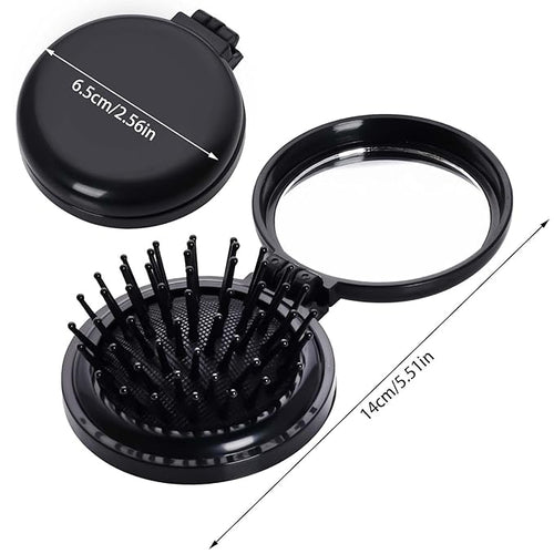 2pcs Folding Travel Mirror Hair Brushes Round Mirror Pocket Hair Brush Portable Mini Pop Up Hair Brushes for Women Girls Wet and Dry Hair (Black)