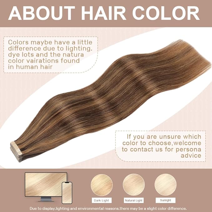 Tape in Hair Extensions Human Hair 16 Inch 20pcs Invisible Tape ins Hair Extensions Real Human Hair Brownish Brown to Brownish Yellow Remy Seamless Injected Tape Extensions