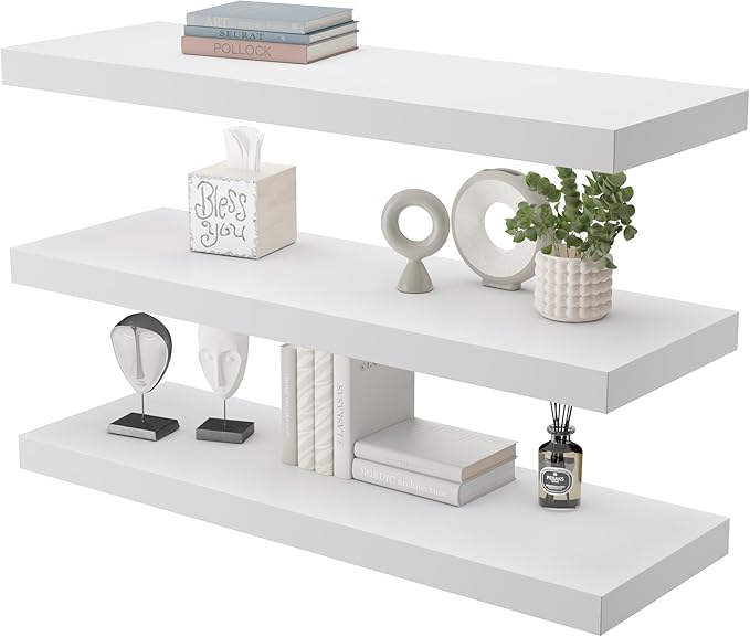 Large Floating Shelves for Wall Set of 3 Wooden Wall Shelves 30 in x 12.75 in x 2 in Room Decor Long Shelf with Invisible Wall Mount Bracket for Bedroom Kitchen Living Room White