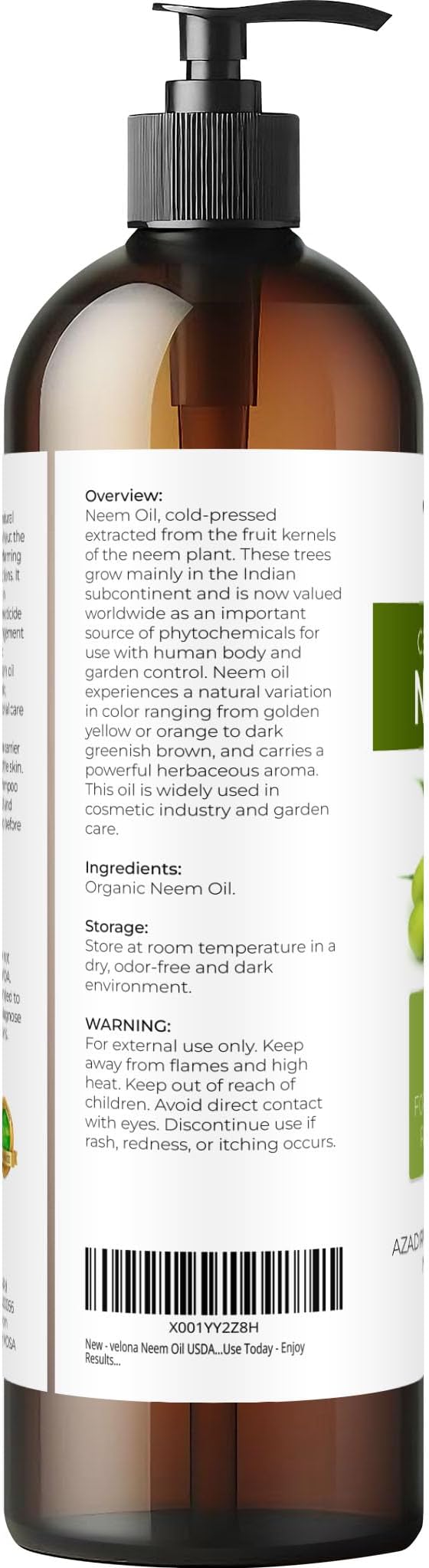 velona Neem Oil USDA Certified Organic - 8 Fl Oz | 100% Pure and Natural Carrier Oil | Virgin, Unrefined, Cold Pressed | Hair, Body and Skin Care | Use Today - Enjoy Results