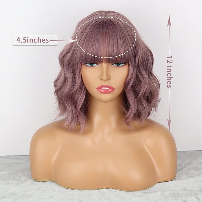 MISSQUEEN Short Wavy Wigs for Women,Synthetic Cute Purple Wavy Wigs with Bangs,14inch Natural Curly Synthetic Women Bob Wig(Purple)