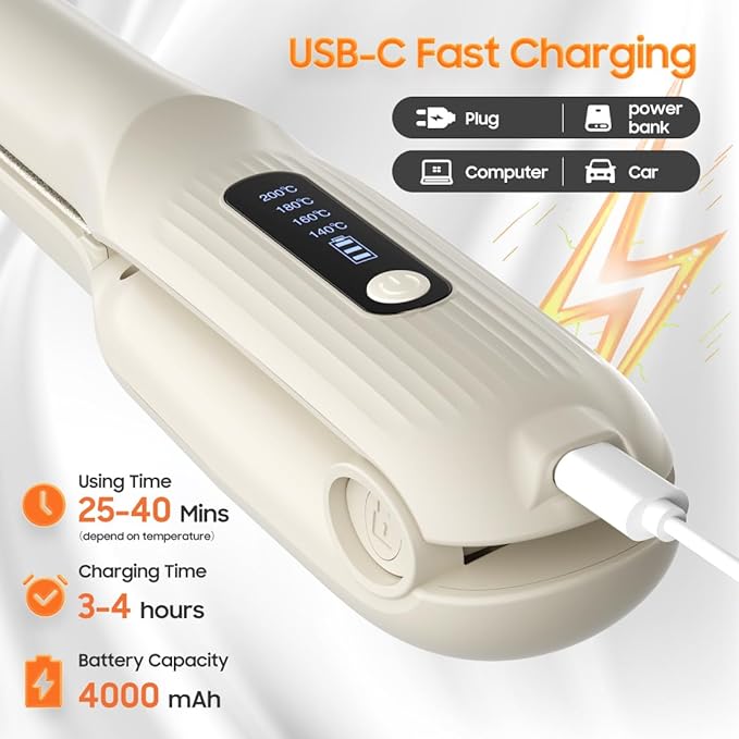 Cordless Hair Straightener, Portable Flat Iron for Travel, 2 in 1 Hair Styling Tools for straightening and Curling, Lightweight on-The-go, 4000 mAh Battery, Fast USB-C Charging (White)