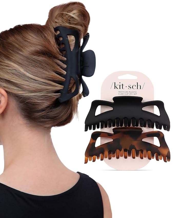 Kitsch 5 Inch Large Claw Clips for Thick and Long Hair | Strong Grip Jumbo Claw Clip for All-Day Hold | 2pcs Matte Oversized Hair Accessories | Ideal Gifts for Women - Black & Tortoise Design