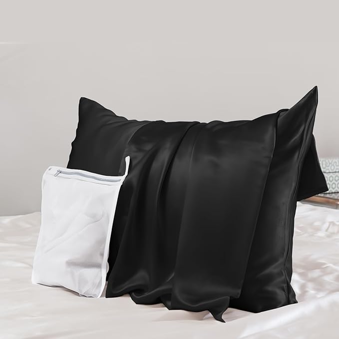 PROMEED Upgraded Grade 6A+ Black Silk Pillowcase with Zipper, 23 Momme Natural Mulberry Silk Pillow Cases for Hair and Skin - Easy Care with Free Laundry Bag (King 20"x36", Black)