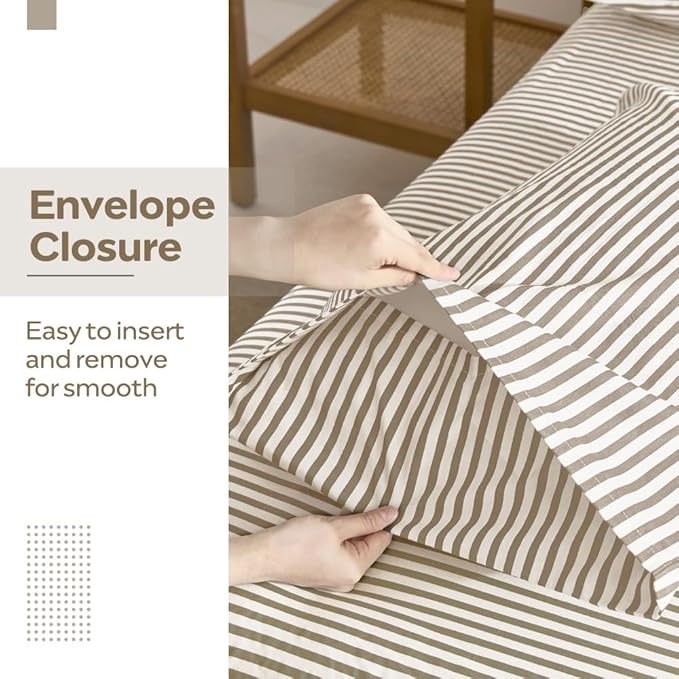 JELLYMONI 100% Natural Cotton Striped King Pillowcases Set, 2 Pack White and Khaki Stripes Pattern Printed Pillow Covers with Envelope Closure(Pillows are not Included)