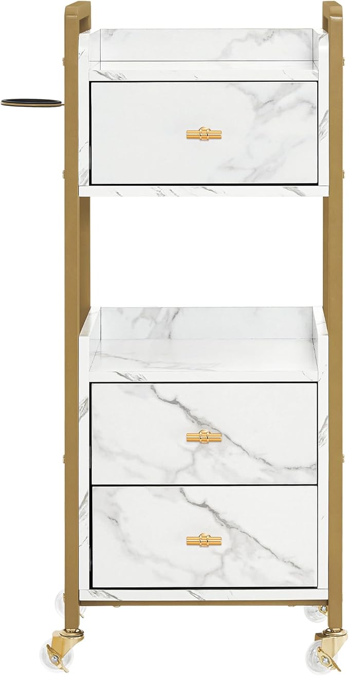BarberPub Salon Cart with Lockable Wheels, Acetone Resistant Storage Barber Trolley with 1 Hair Dryer Holder & Drawers, Rolling Tattoo Cart, Makeup Organizer Beauty Equipment 2478 (White)
