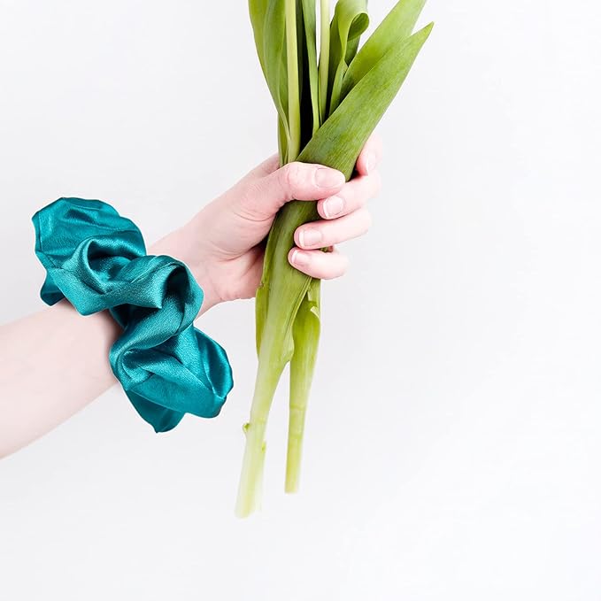 CEELGON Black Big Satin Scrunchies for Women Large Scrunchie Blue Satin Hair Ties Oversized Thick Elastic Jumbo Hair Scrunchies 6 Pack (black,gold,champagne,blue,green,white)