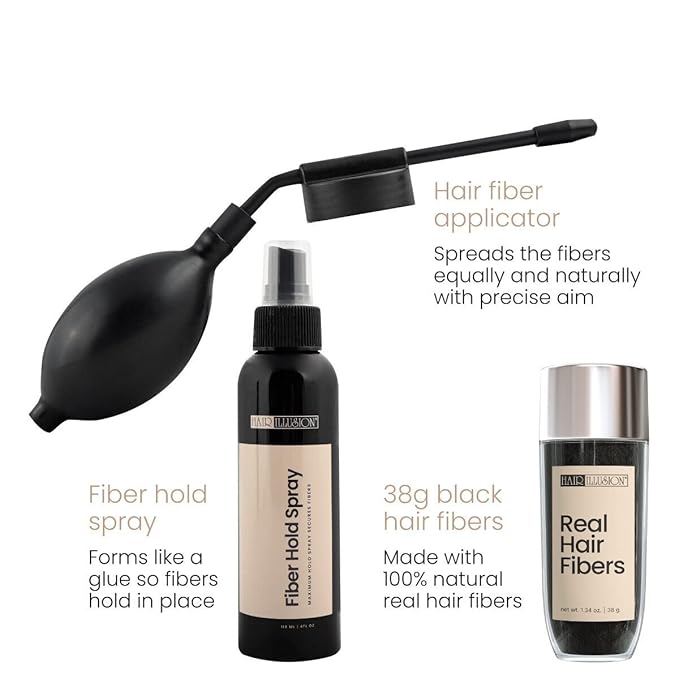 Hair Illusion Combo Kit - Hold Spray, 38g Hair Fiber Bottle, Applicator & Hairline Optimizer (Black)