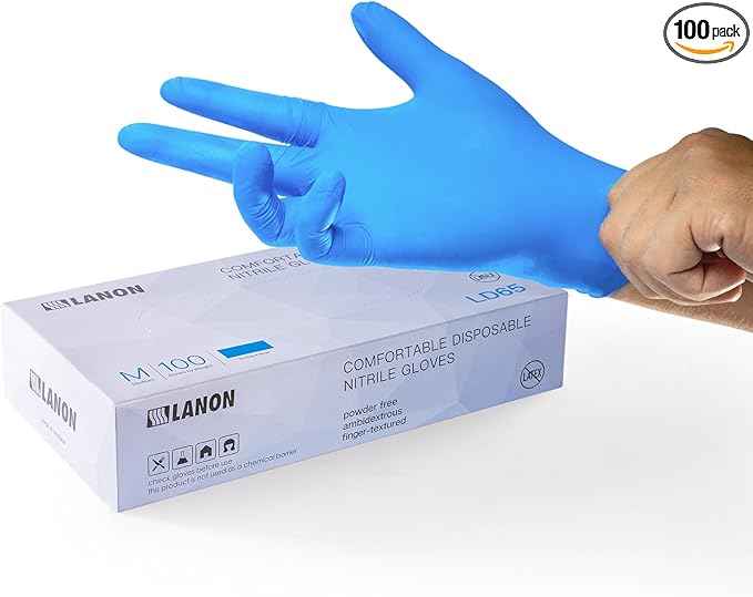 LANON Disposable Nitrile Gloves, Silicone-Free, Food-Safe, Chemical Resistant, Powder-Free, Textured Fingertips, Cooking, Cleaning, Blue, Large