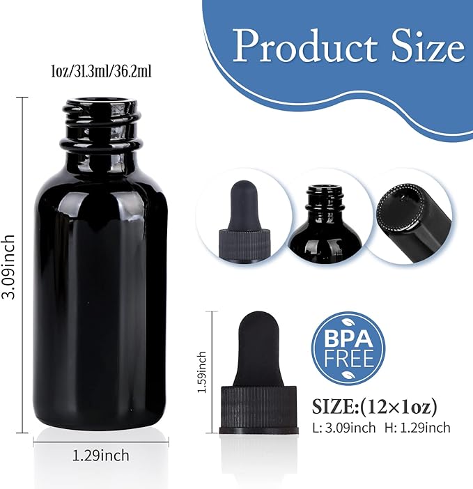 1 oz UV Resistant Dropper Bottle 12 Pack Black Glass Boston Bottles 30ml with Eye Droppers Black Caps for Essential Oils, Perfume, Leak Proof Travel Bottles for Liquids