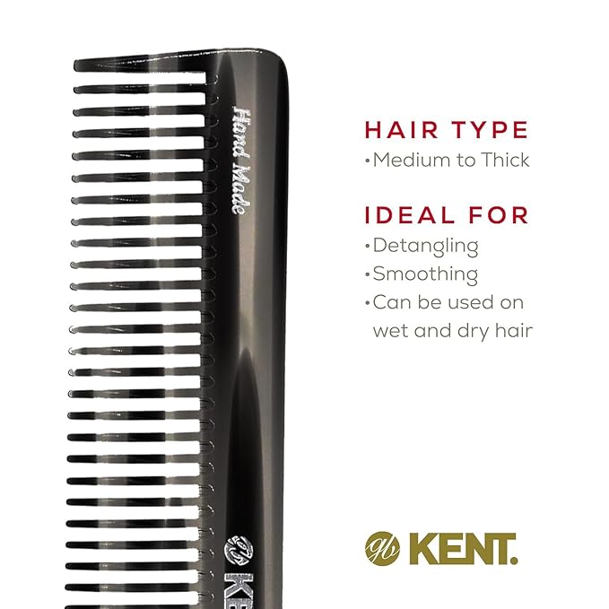 Kent 92T Black Graphite Wide Tooth Women’s Detangler Comb for Curly, Wavy, and Thick Hair – Ideal for Use on Wet Hair – Gentle, Shower Comb for – Anti-Static, Smooth - Styling Tool by Kent