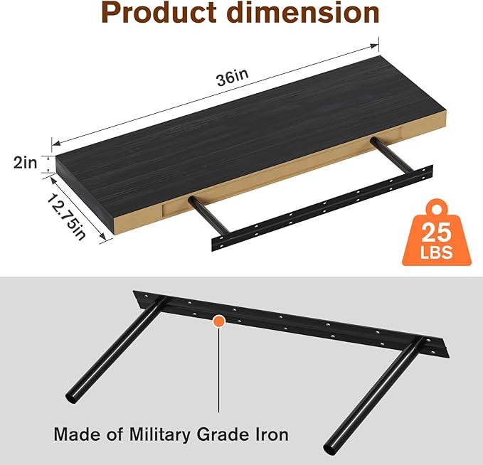 Large Floating Shelves for Wall Set of 3 Wooden Wall Shelves 36 in x 12.75 in x 2 in Room Decor Long Shelf with Invisible Wall Mount Bracket for Bedroom Kitchen Living Room Black Wood
