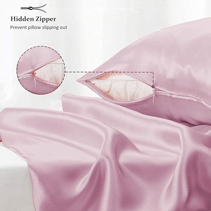 Adubor Silk Pillowcase 2 Pack for Hair and Skin with Hidden Zipper, Both Sides 23 Momme Silk Pillow Case (Pink, Standard: 20''x26'')