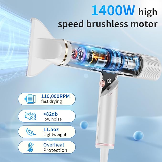 High Speed Hair Dryer, Travel Blow Dryer Foldable Ionic Small Professional Brushless Motor 9 Modes Portable One Touch Switch with Concentrator Nozzle Attachment for Home, Hotel, Salon