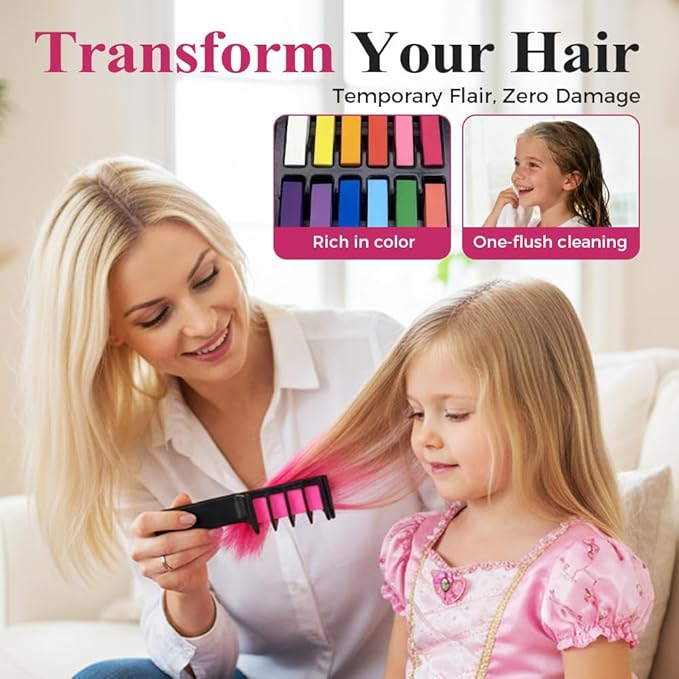 Festive Fun Hair Chalk Combs, 2026 New Chalk Hair Color for Girls, Temporary Wash out Hair Color Kids, Christmas Girl Gifts, Skin Safe Materials (6 colors)