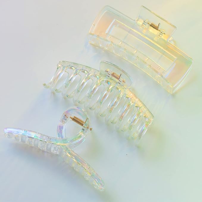 Hair Clips, Iridescent Clear Strong Jaw Claw Clips for Women Girls, Hair Accessories, 3 Pcs