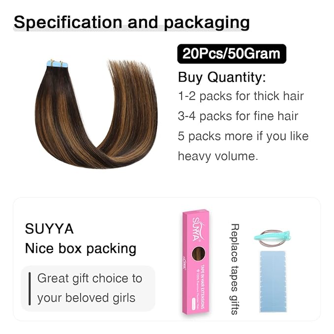SUYYA Tape in Hair Extensions Human Hair Balayage Darkest Brown to Light Brown 18 Inch 50g/pack 20pcs Straight Seamless Skin Weft Tape in Real Human Hair Extensions(18inch #P2/8/T2)