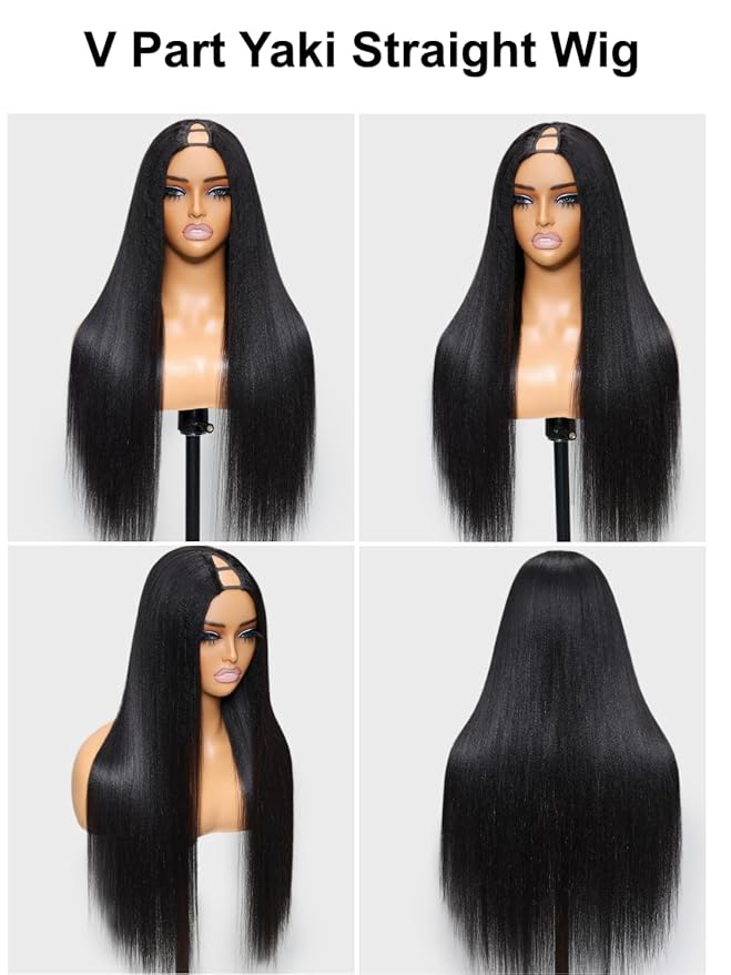 YIROO V Part Wig Yaki Straight Human Hair Wigs for Black Women Upgrade Upart Wig No Leave Out 12A Glueless Kinky Straight V Shape Clip in Half Wig No Glue No Sew Beginner Friendly 180% Density 26 Inch