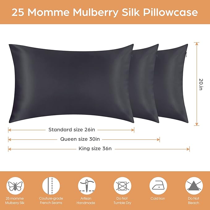 Silk Pillowcase for Hair and Skin, 2 Pack 100% Mulberry Silk Pillowcase 25 Momme, 600 Thread Count, Both Side Pure Silk Pillow Cover with Hidden Zipper (BlackGray, King 20''×36'')