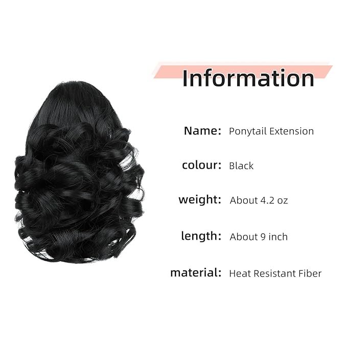 Ponytail Extension, Clip on Ponytails for Women, 9" Claw Clip in Short Curly Wavy Pony Hair Extension for Women - Black