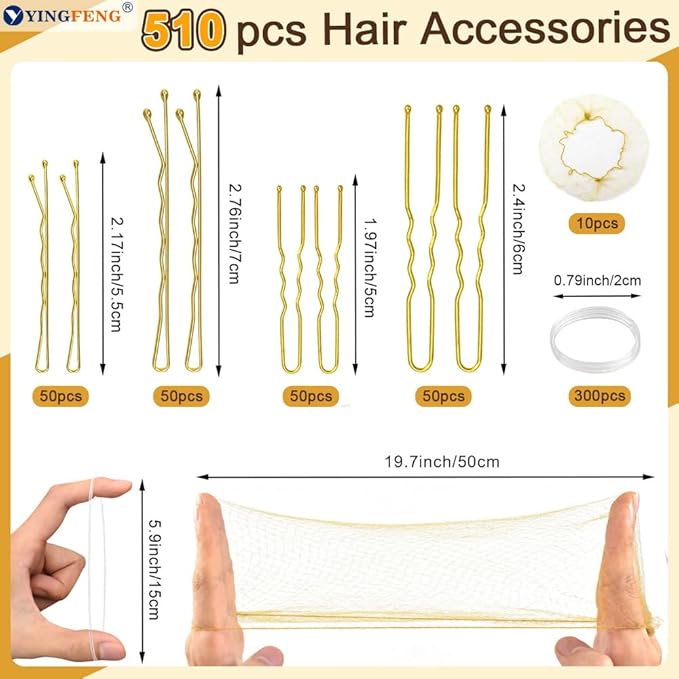 510PCS Blonde Bobby Pins Hair Pins Kit with Hair Net, YINGFENG Includes 100 Bobby Pins for Women, 100 U Shaped Buns Hair Clips, 300 Hair Bands and 10 Blonde Hair Nets, Dance competition must haves