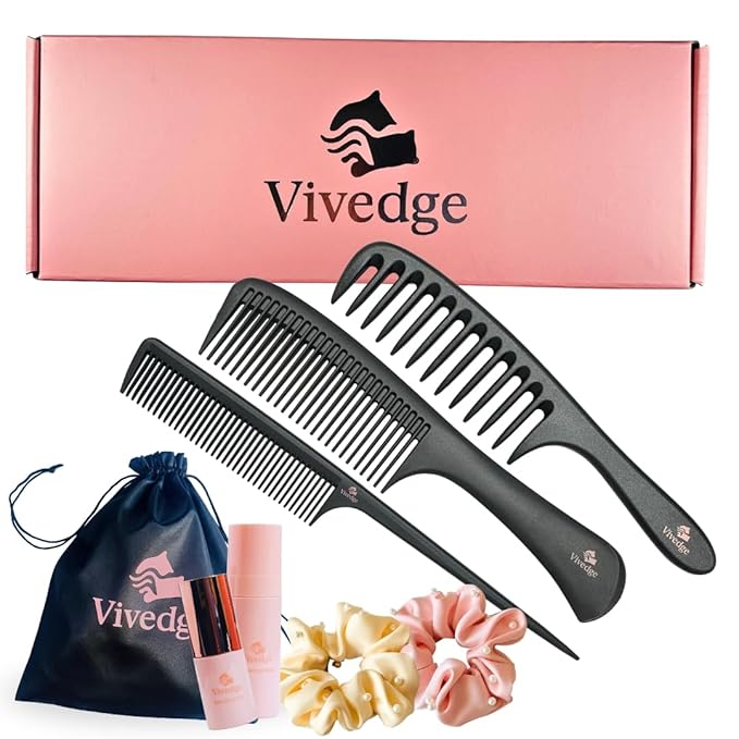 VIVEDGE| Carbon Comb Set for Curly Hair Gift set| Anti Static Frizz-free Detangling Wide Tooth Parting Combs with Premium Hair Acccessories for Styling | Gift for loved ones(Pink-Light Yellow)