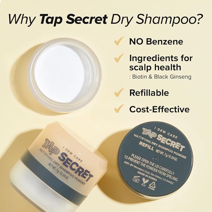 I DEW CARE Tap Secret Dry Shampoo Powder Refill with Biotin | Strengthening & Volumizing, Refillable, Travel size, Non-aerosol, Korean Ginseng, Dry Shampoo for Women, Women Stocking Stuffers, 0.24 Oz
