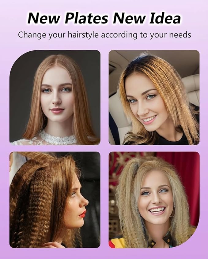 DSHOW 4 in 1 Hair Crimper Hair Waver Hair Straightener Curling Iron with 4 Interchangeable Titanium Ceramic Flat Crimping Irons Plates (Purple) (Blush)