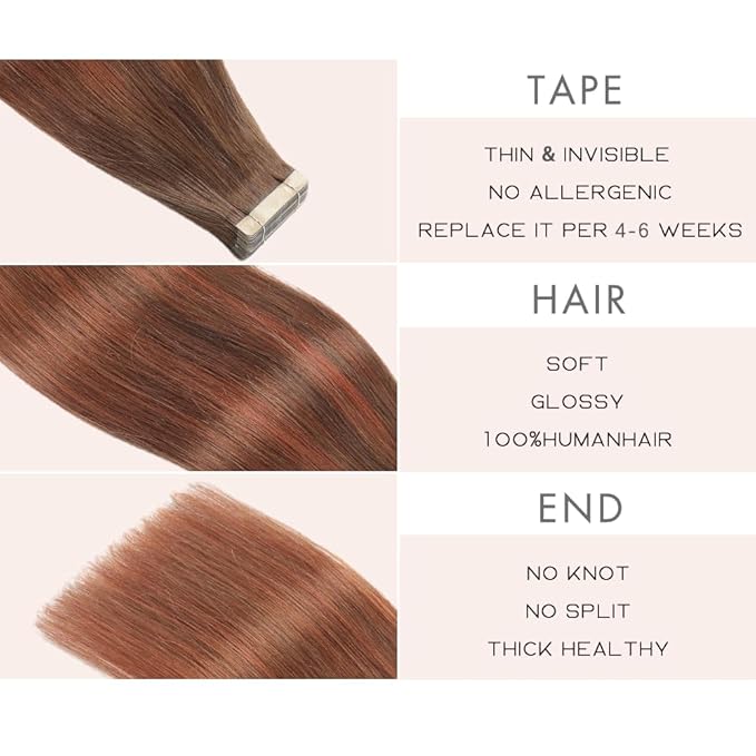 Human Hair Tape in Extensions, Chocolate Brown to Auburn Brown Extensions Real Human Hair 20 Inch 20pcs Remy Straight Tape ins Invisible Tape in Hair Extensions Human Hair (#4/33/4,20 Inch)