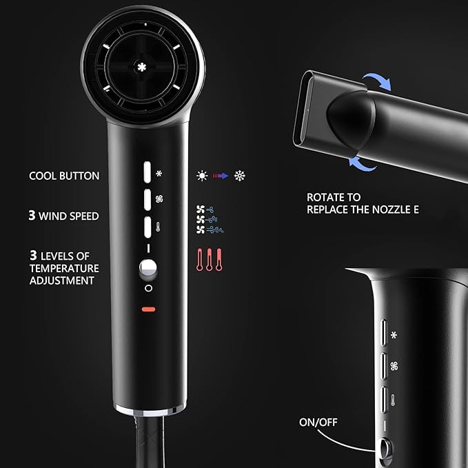 Hair Dryer, Professional Brushless Motor Ionic Hair Blow Dryer with Diffuser, Magnetic Nozzles, 0.83Pound, 2000W, 60dB, 3 Heat Settings & 3 Speed & Cold Settings, Diffuser Hair Dryer, Black