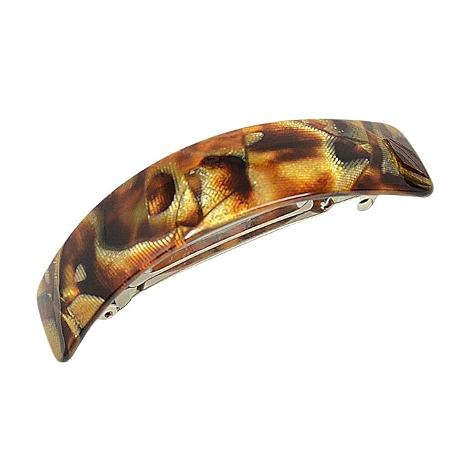 French Amie Curved Amber Brown Large Handmade Strong Grip Celluloid Automatic Hair Clip Barrette