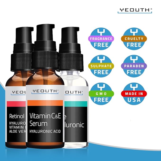 YEOUTH Skin Care Set: Retinol Serum for Face, Vitamin C and Hyaluronic Acid Serum, Face Care Kit that Targets Appearance of Uneven Uneven Skin and Dryness 3x1 oz