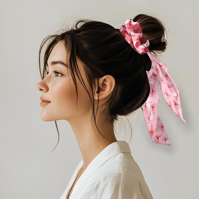 2 Piece Butterfly Love Heart Print Hair Scarf Scrunchies for Women Valentine's Day Hair Ties No Damage Ribbon Scrunchies Knotted Bow for Yoga
