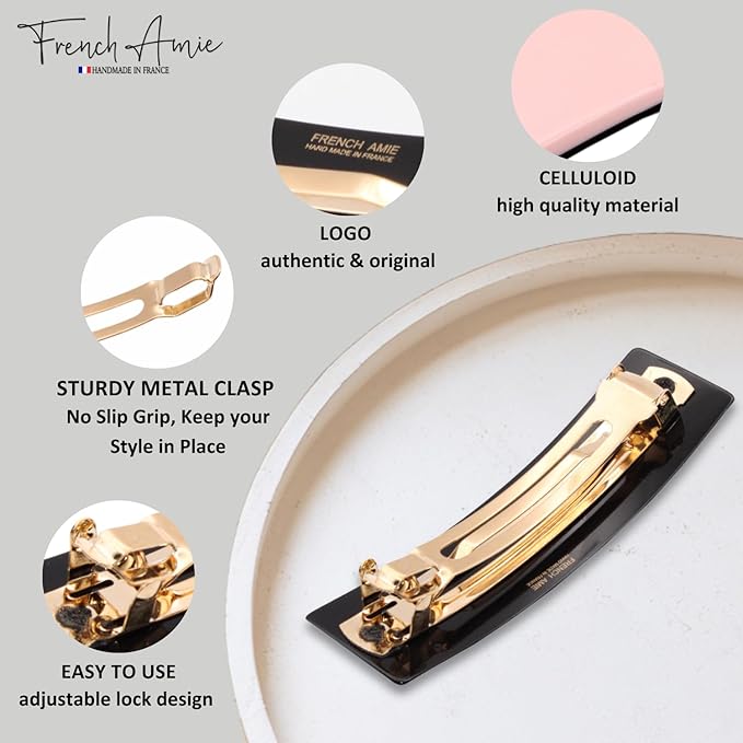 French Amie Fine 1" Wide Rectangular Celluloid Handmade Blush Pink Automatic Hair Barrettes for Women French Hair Clips