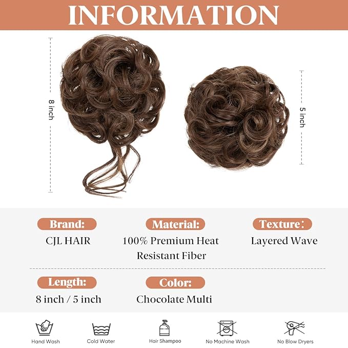 CJL HAIR 2PCS Messy Bun Hair Pieces Wavy Curly Synthetic Updo Chignon Fake Scrunchies Ponytail Extension for Women Chocolate Multi