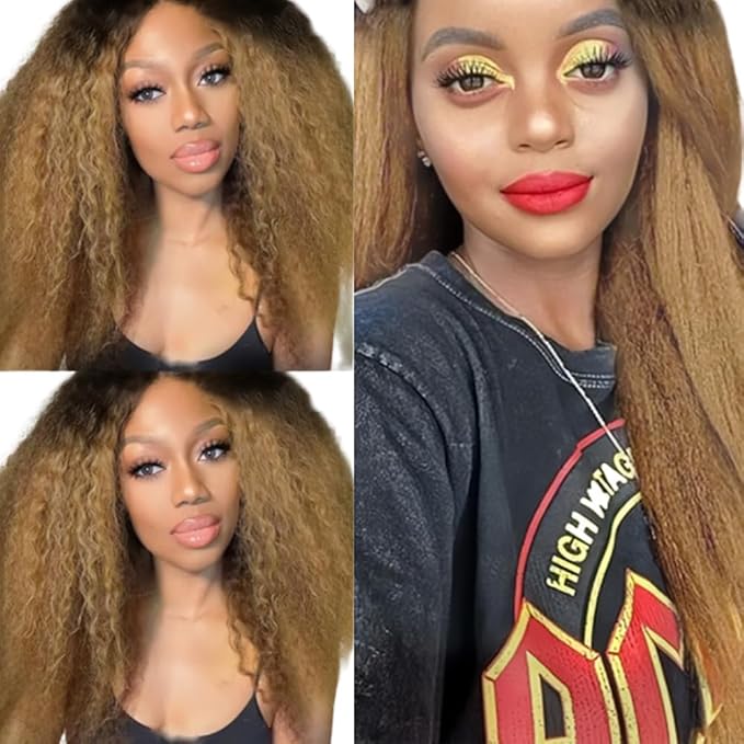 1B27 Human Hair Bundles Ombre Kinky Straight Bundles 22 24 26 Inch Niegmeag Virgin Remy Hair Extensions Double Weft 2 Tone Black and Honey Blonde Bundle 150g