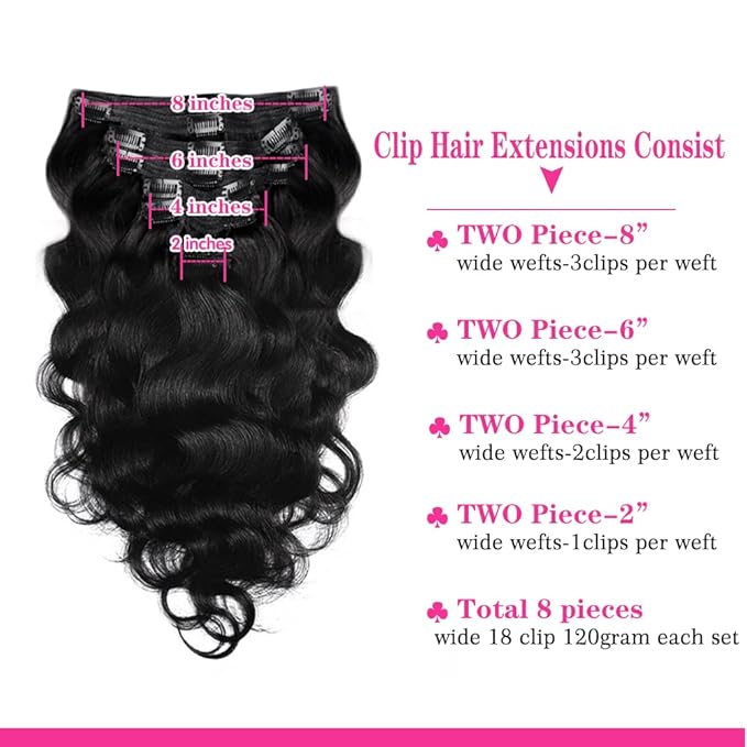 26Inch Clip in Hair Extensions Real Human Hair Body Wave 8Pcs Brazilian Human Hair Clip in Extensions with 18Clips Double Lace Weft 120g #1B Natural Black