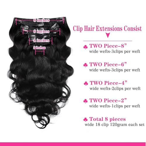 26Inch Clip in Hair Extensions Real Human Hair Body Wave 8Pcs Brazilian Human Hair Clip in Extensions with 18Clips Double Lace Weft 120g #1B Natural Black
